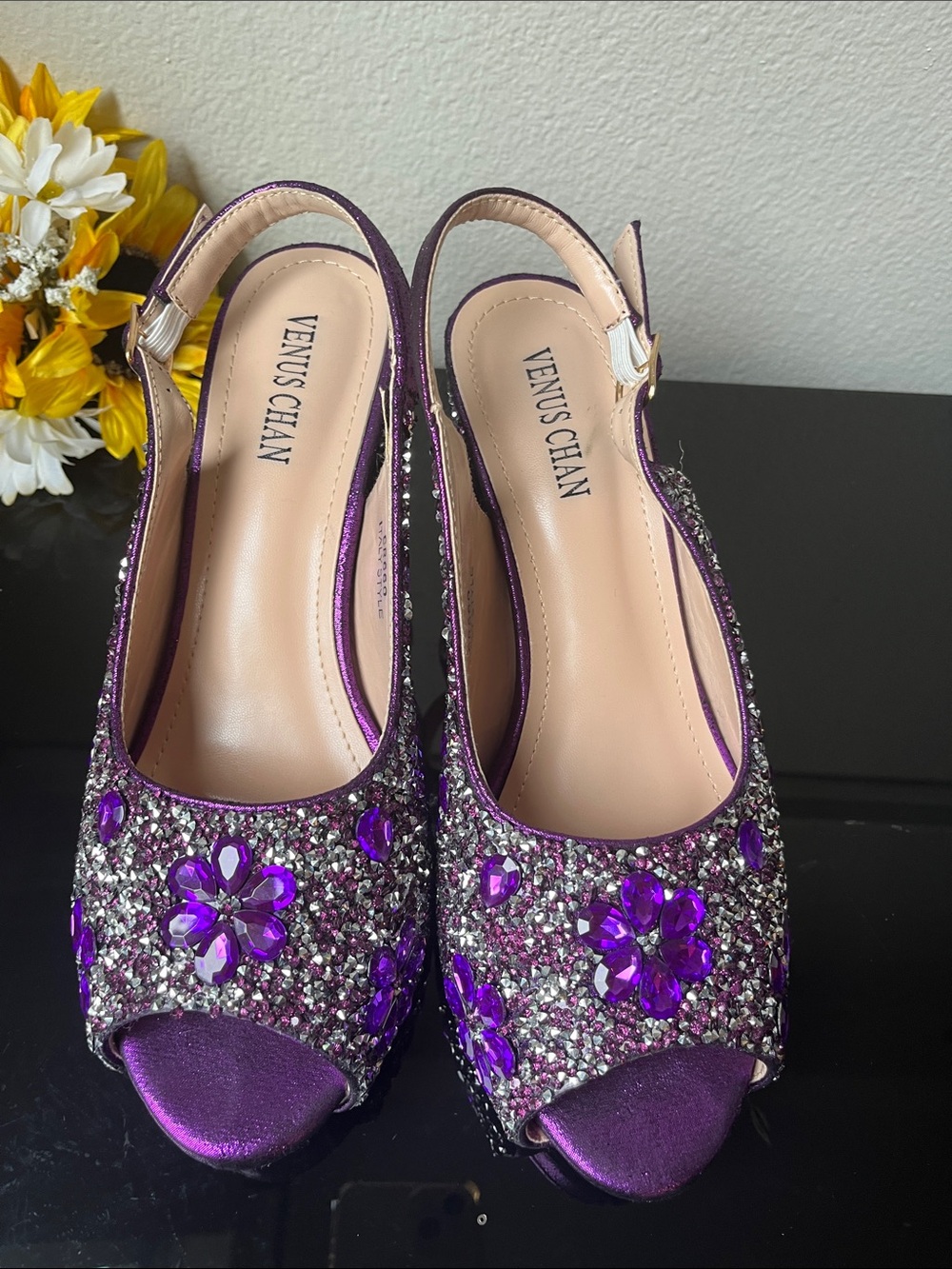 New Venus Chan CR660 Purple Metallic Rhinestone Chunky Heels Slingback Size 9